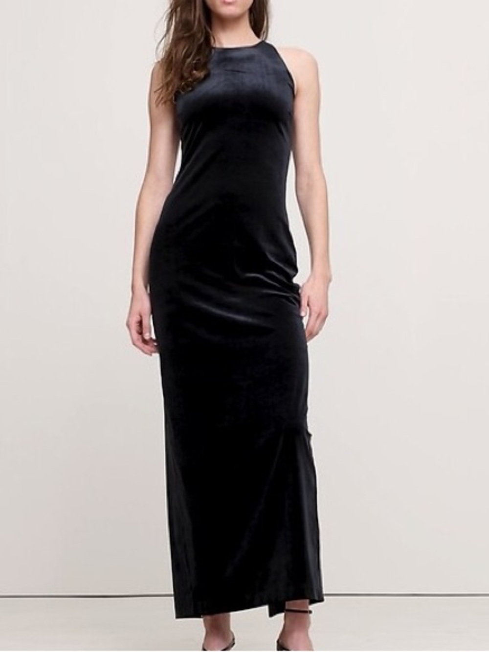Banana Republic Women L TALL Black Sleeveless Stretch-Velvet Maxi Dress NWOT